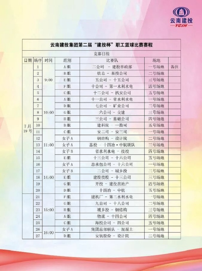 集团第二届“胜天国际杯”职工篮球赛分组及比赛日程